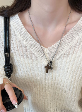 虎眼石豹纹十字架爱心项链