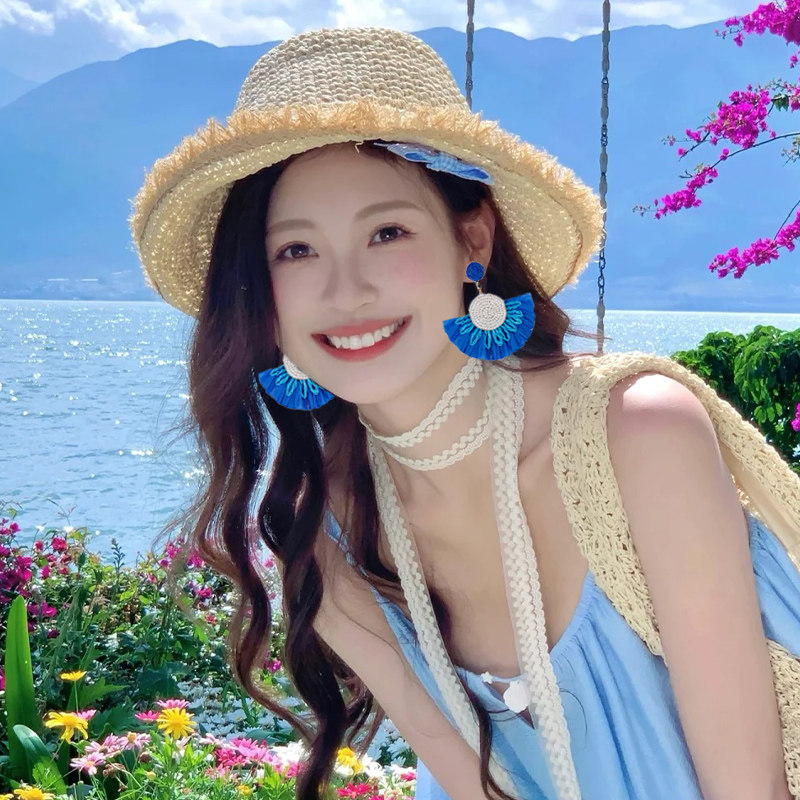 度假风蓝色编织耳饰女高级感海星花朵耳钉方圆脸夏天海边拍照耳环,淘宝优惠券,粉丝福利购,淘宝优惠卷