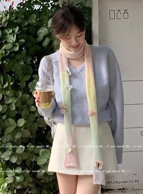 韩系粉绿色渐变蝴蝶长条围巾女