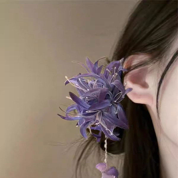 柔雾雨露！紫色彼岸花流苏抓夹！超仙花朵鲨鱼夹氛围感发抓盘发器,淘宝优惠券,粉丝福利购,淘宝优惠卷