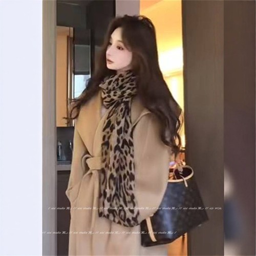 咖色豹纹围巾冬搭配风衣长条丝巾高级感飘带领巾大衣颈饰2025新款 - 图2