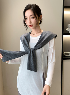 含羊毛针织披肩女外搭春夏季空调房护颈搭肩纯色百搭打结叠穿坎肩