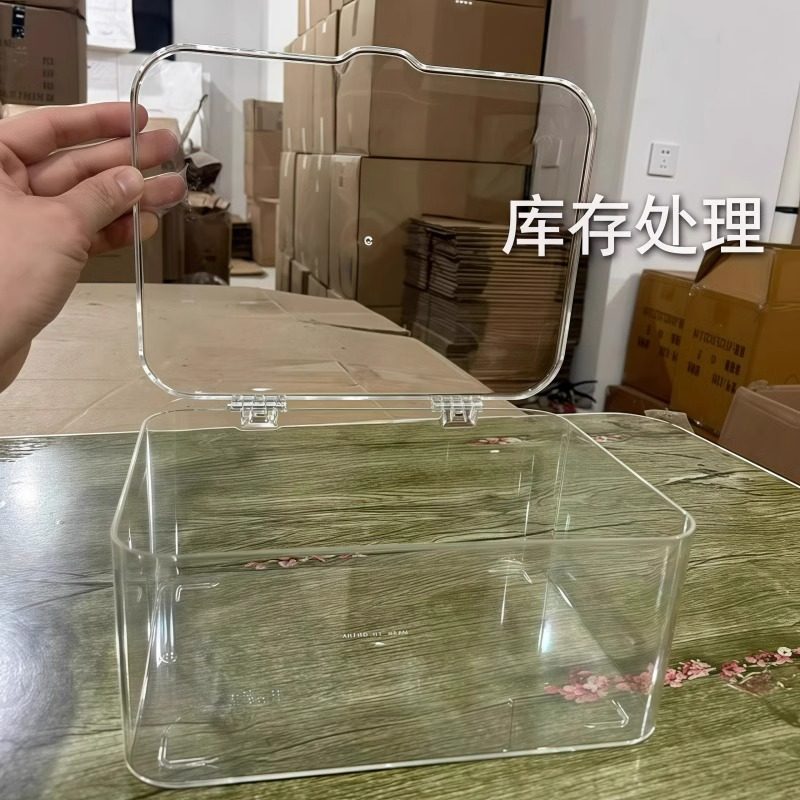 翻盖式桌面收纳盒透明亚克力防尘整理盒卧室宿舍办公室带盖杂物筐