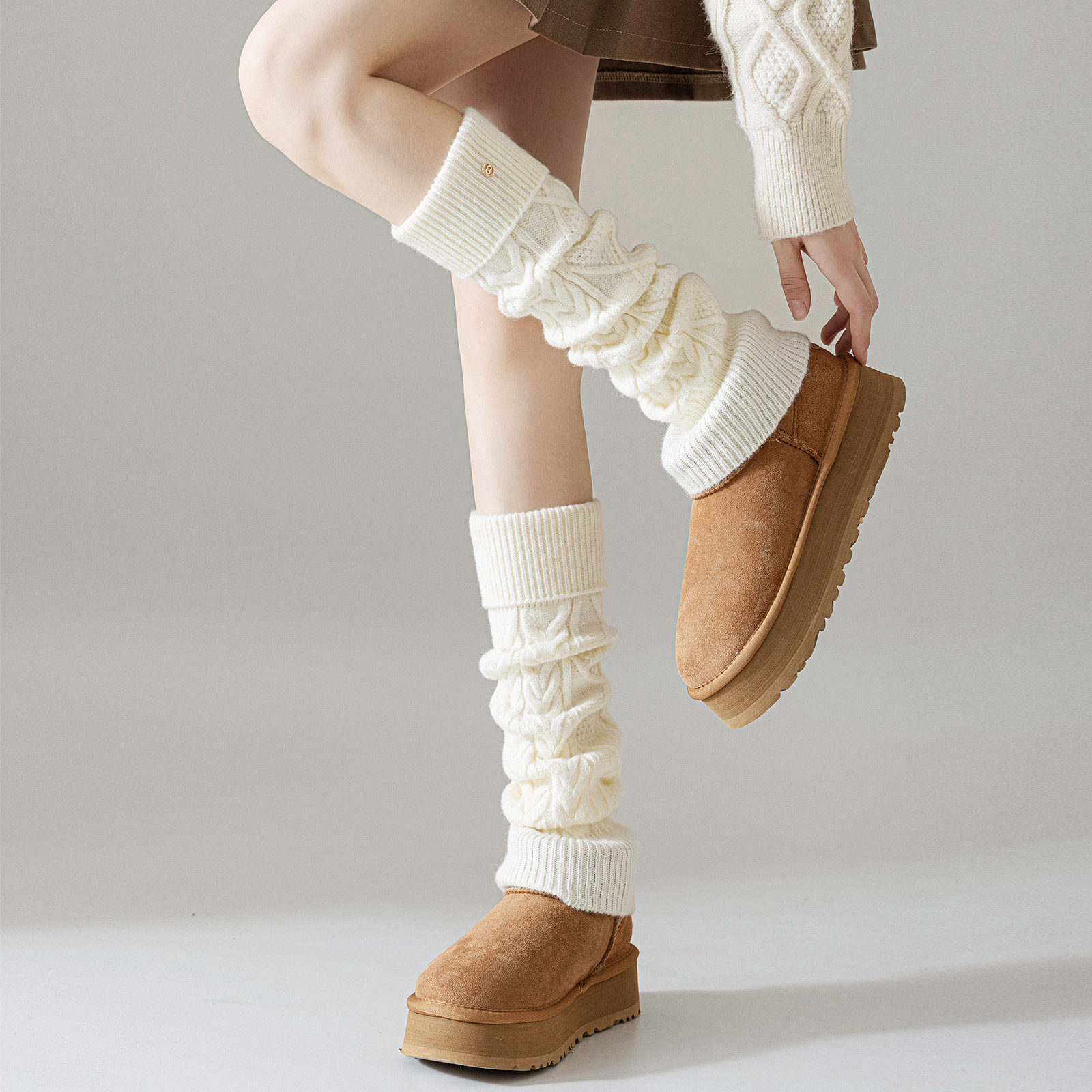 白色针织袜套女秋冬季中筒袜雪地靴堆堆袜加厚保暖小腿袜脚套瘦腿,淘宝优惠券,粉丝福利购,淘宝优惠卷