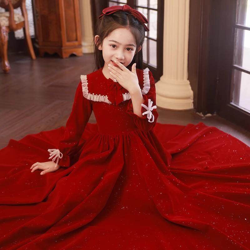 红色女童礼服连衣裙秋冬新款花童拜年服公主裙儿童生日钢琴演出服,淘宝优惠券,粉丝福利购,淘宝优惠卷