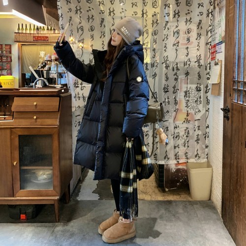 黑金鹅绒羽绒服女中长款2025冬季新款韩版连帽小个子超好看面包服 - 图0