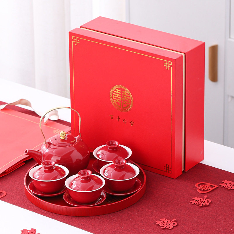 Wedding change of mouth toast tea cup tea bowl set red wedding bowl tea set set home wedding gift teapot gift giving
