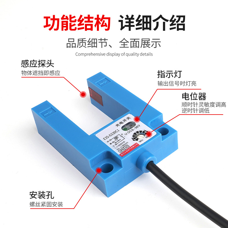 型U槽电梯平层感应光电开关E3S-GS30/15/50C1红外线24V常开传感器 - 图0