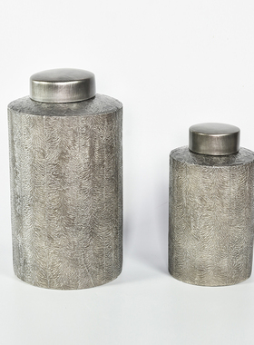 金属灰陶瓷储物罐花瓶组合摆件