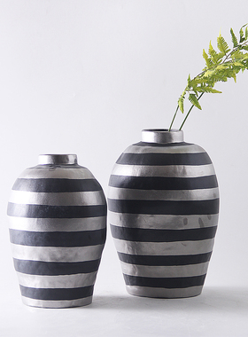 电镀银色条纹陶瓷罐花瓶桌面装饰