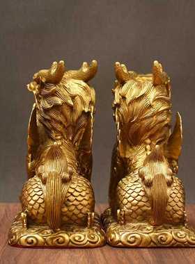 黄铜麒麟摆件一对铜家用财富麒麟