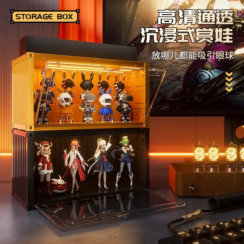 Container-style Pop Mart blind box display cabinet with lamp magnetic suction popmart doll trendy cool figure storage box