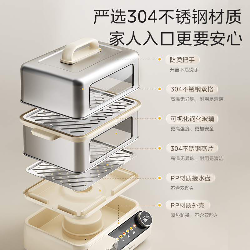 美的不锈钢电蒸锅多功能家用蒸菜可视蒸箱大容量智能预约2025新款