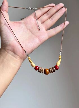 “日月同辉”中古vintage月牙芒星蜡绳项链可调节百搭秋冬毛衣链