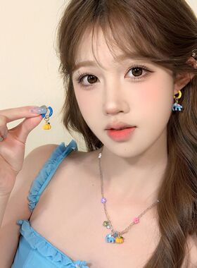 可爱卡通滴釉小象南瓜耳环女小众设计感不对称耳扣高级感耳坠耳饰