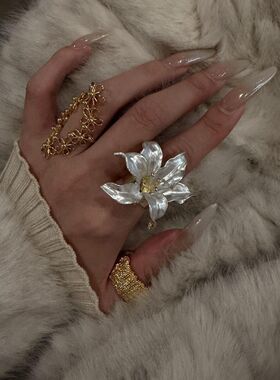 复古vintage撞色郁金香戒指女夸张大气小众设计重工时尚指环配饰