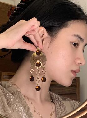 中古vintage欧美回流时尚耳钉做旧流苏复古个性重工镶钻耳饰耳环