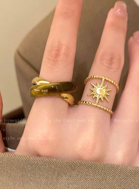 审美出圈~虎眼石太阳花交叉双圈戒指女款小众独特食指戒夸张指环