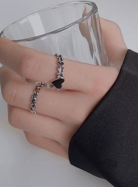 复古黑色爱心戒指女小众设计高级开口可调节食指尾戒情侣闺蜜戒指