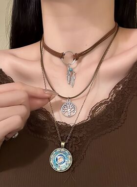 【曼陀罗】2025新款波西米亚风复古羽毛项链多层叠戴锁骨链颈链