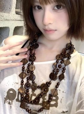 波西米亚多层椰壳串珠项链新中式民族风毛衣链高级感云南度假颈链