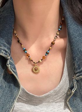 中古风串珠项链女2025新款小众复古民族风锁骨链夏天气质百搭配饰