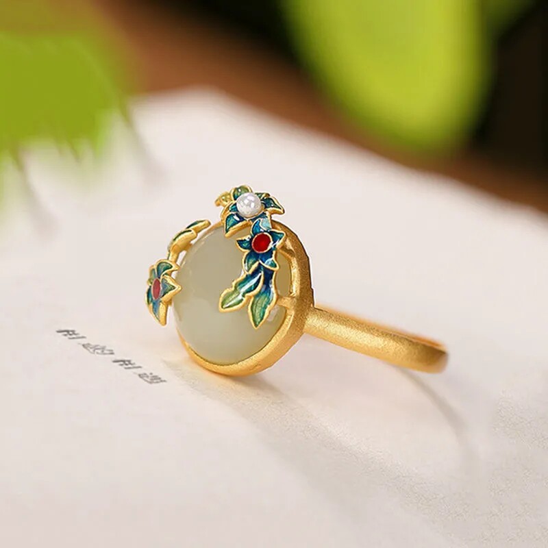 Cloisonné and Tian Jade Retro Palace Style Pearl Ring