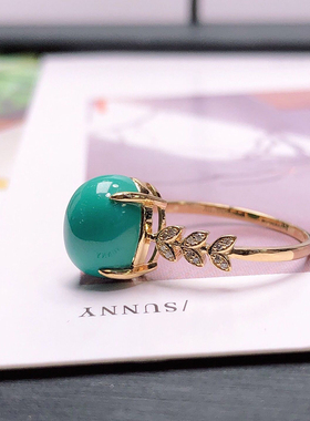 仿绿松石蛋面树叶边戒镶嵌小钻戒指女镀18K金气质高贵宫廷风指环