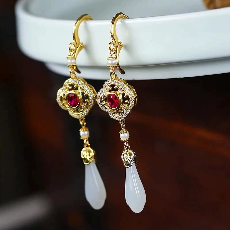 Earrings white jade, orchid, 925 sample silver, with gem