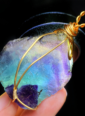 天然水晶七彩色萤石原石绕丝吊坠