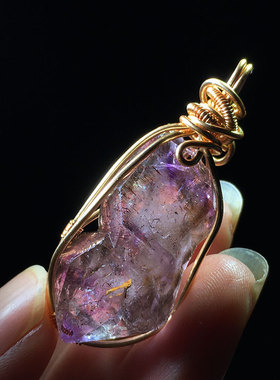 天然紫水晶超七骨干原石绕丝吊坠