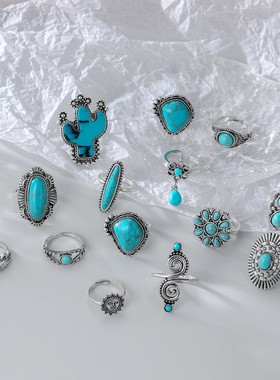 复古波西米亚风绿松石仙人掌雕花14件套装戒指厂家直销亚马逊新款