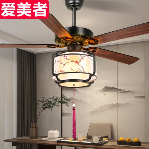 中式木叶吊扇灯 复古传统灯扇一体 餐厅客厅茶室家用低噪风扇吊灯 - 图0