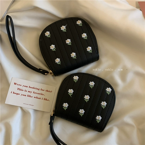 Черный ретро изысканный бумажник в форме цветка, милый короткий картхолдер с молнией, кошелек, сумка через плечо, с вышивкой