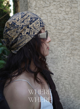 WhereWhere原创印尼手工蜡染布方巾头巾方巾-补丁系列-土蓝色