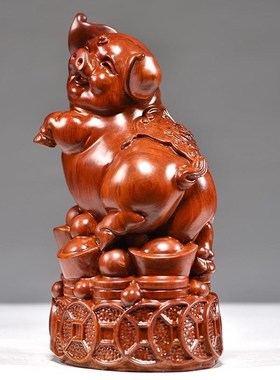 速发花梨实木二雕刻一对猪摆猪十质生肖动物件家居桌面装饰红木工