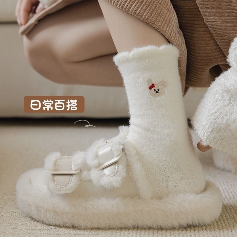 女士袜子冬季加绒加厚保暖长筒袜白色睡眠月子袜秋冬款高腰中筒袜