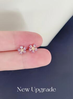S999银针迷你紫色闪锆花朵耳钉2026新款小巧百搭清新甜美精致耳饰