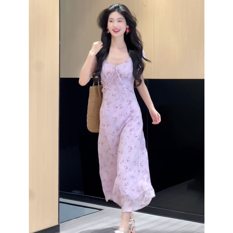 2025新款茶歇气质法式紫色碎花连衣裙子女装夏季绝美漂亮修身长裙