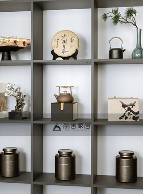 样板间茶室博古架茶盒茶袋茶饼
