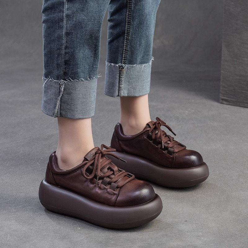 小个子松糕厚底复古休闲单鞋女2025春季新款系带丑萌圆头深口皮鞋,淘宝优惠券,粉丝福利购,淘宝优惠卷