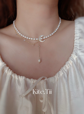 Kite.Tii仙女复古轻奢天然贝壳月亮淡水珍珠项链锁骨链choker礼物
