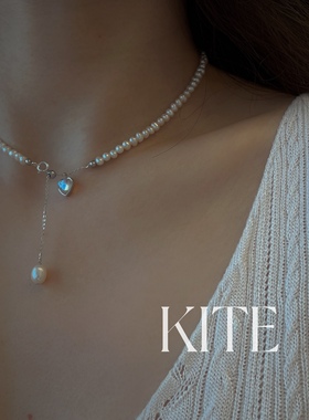 原创法式轻奢天然强光小米粒baby珍珠月光石爱心项链女锁骨链纯银