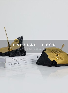 新中式现代样板房玄关水滴石块造型金属摆件售楼处茶几书房工艺品