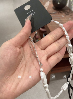 韩国饰品小众设计颈链可爱甜美锁骨链不规则珍珠黑色蝴蝶结项链