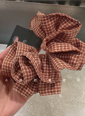 小众设计发饰头饰简约双层小蛮腰发绳百搭头绳橙色格子大肠发圈