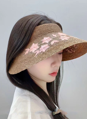 夏季遮阳刺绣花朵大檐帽空顶草帽