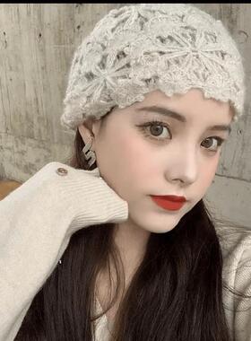 日系温婉双层手工钩花包头帽