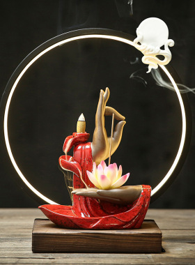 新中式禅意佛手莲心倒流香炉摆件创意玄关茶道室家居灯圈观音