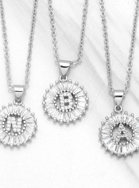 跨境亚马逊热卖时尚铜镶锆石字母吊坠梯方冰糖26英文字母项链